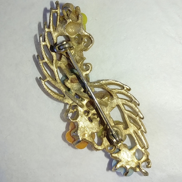 PASTEL FLOWERS BAR PIN BROOCH - MOLDED GLASS & AB RHINESTONES - Picture 6 of 6